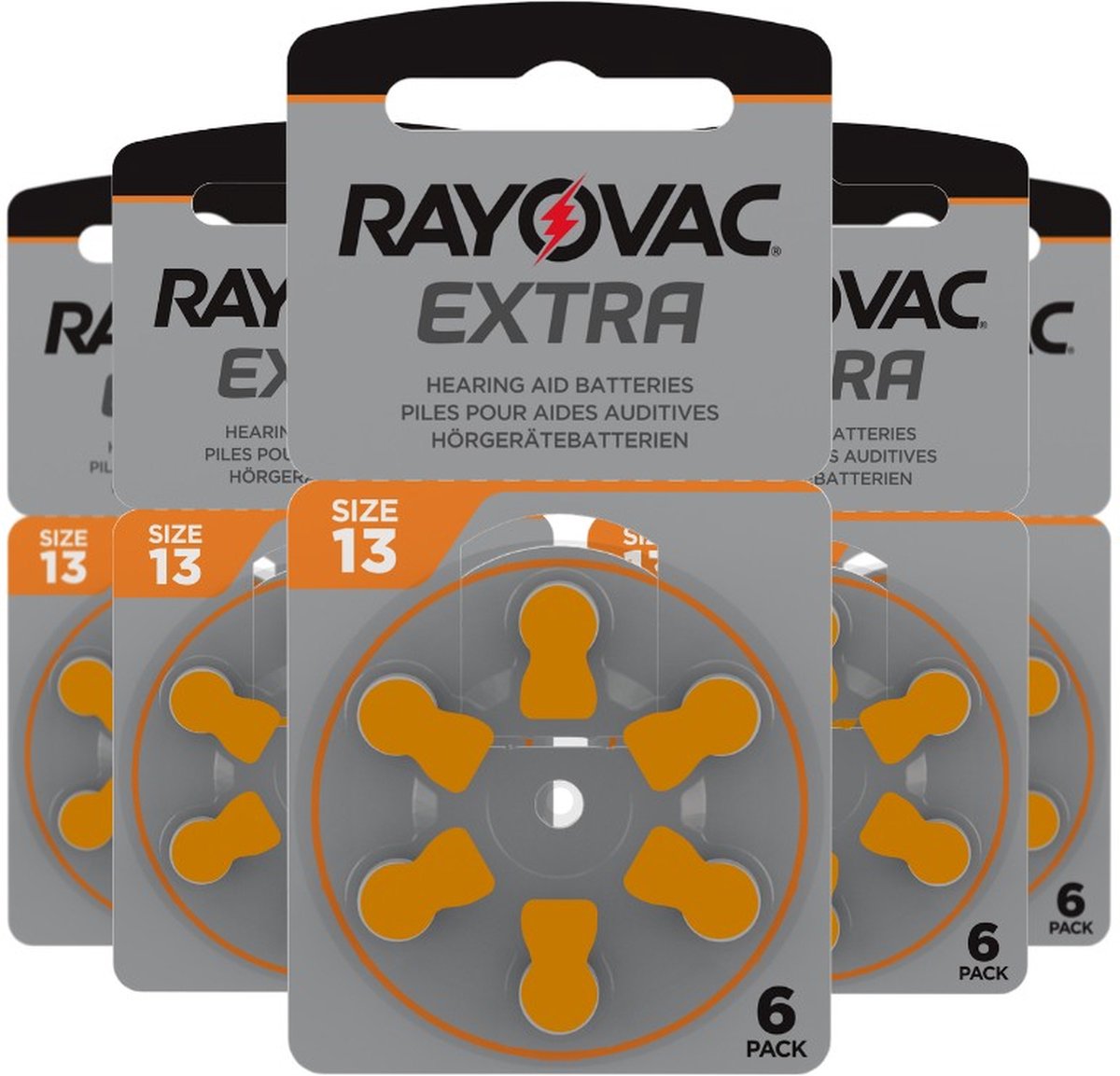 30 hoortoestelbatterijen Rayovac 13, 5 Plaquettes