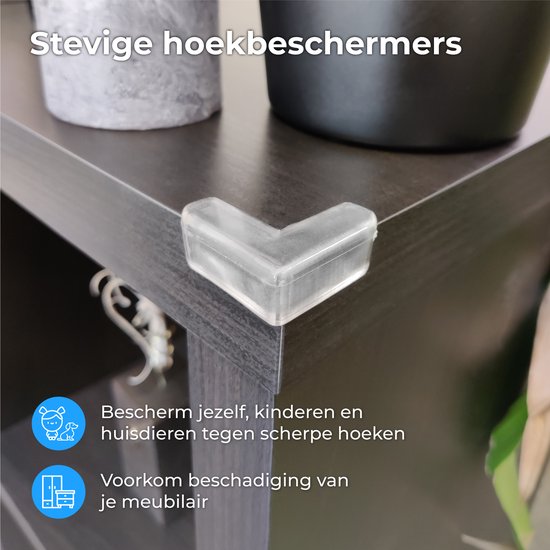 Transparante hoekbeschermer op een donkere tafelrand, met iconen van een baby en een kast.