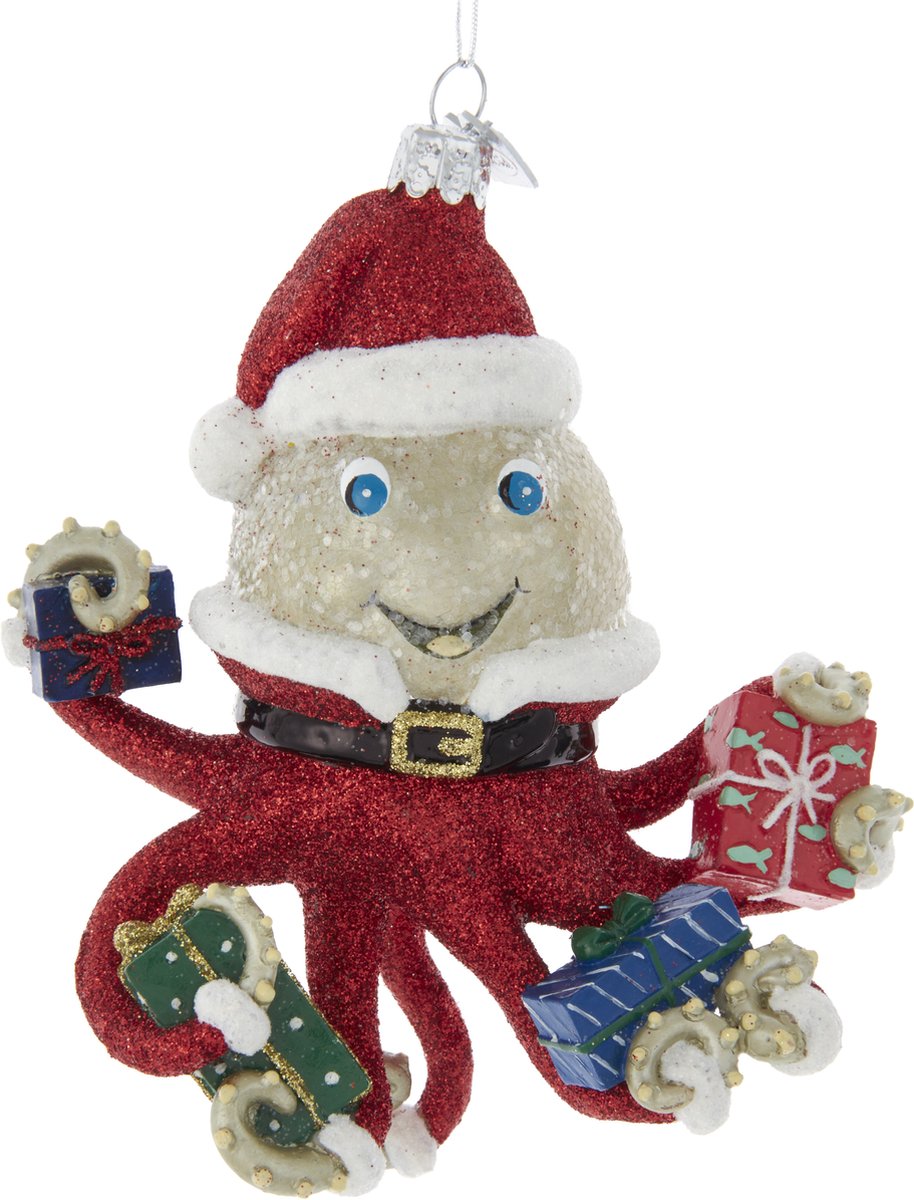 Kurt S. Adler Kerstornament - Octopus met Kerstmuts - glas - rood groen - 12cm