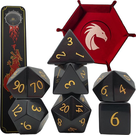 Afbeelding van het spel DnD Gemstone dice set – Obsidian – Inclusief Blazium Dice Tray & Metal Case – Dungeons and Dragons gemstone dobbelstenen