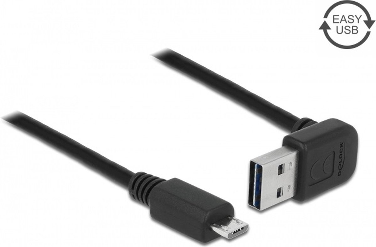 Micro USB naar Easy-USB-A haaks (boven/beneden) kabel - USB2.0 - tot 2A / zwart - 0,50 meter