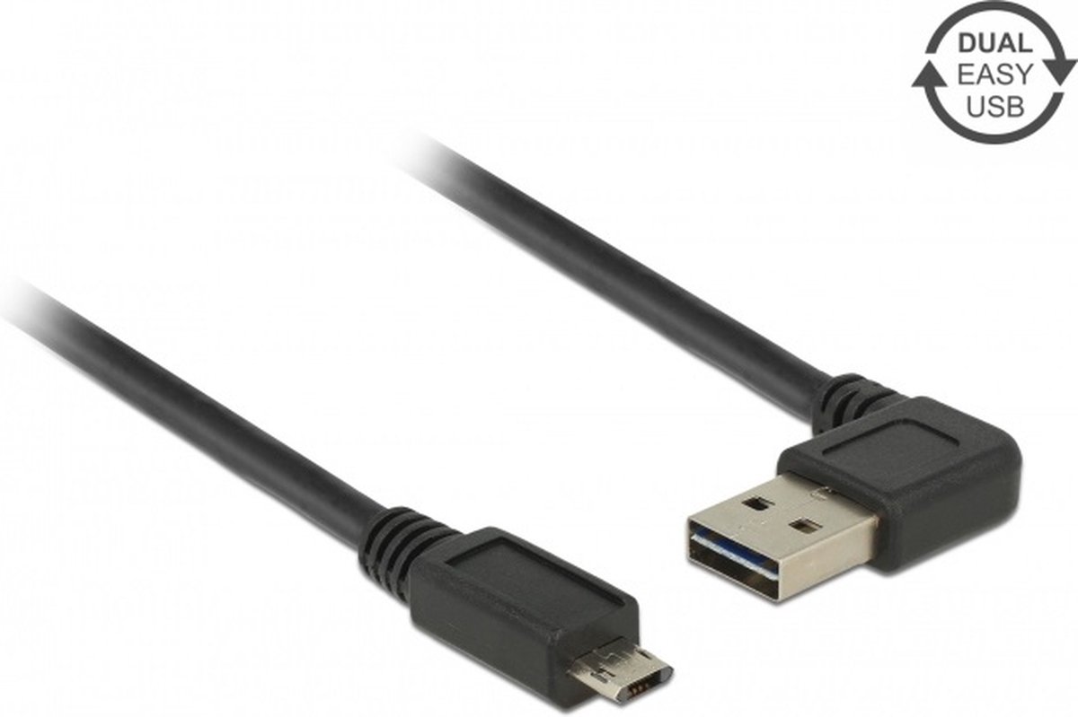 Easy-Micro USB naar Easy-USB-A haaks (links/rechts) kabel - USB2.0 - tot 2A / zwart - 0,50 meter