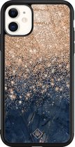 Casimoda® hoesje - Geschikt voor iPhone 11 - Marmer Blauw Rosegoud - Luxe Hard Case Zwart - Backcover telefoonhoesje - Rosekleurig
