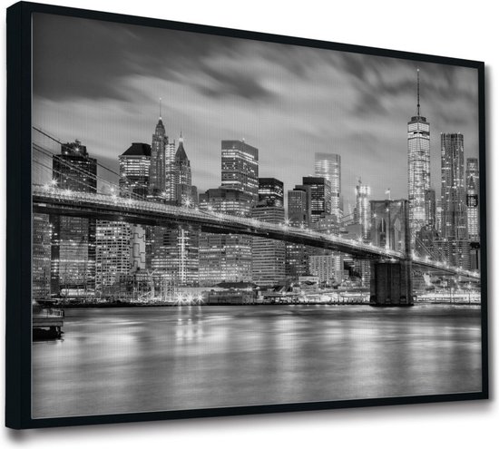 Akoestische panelen - Geluidsisolatie - Akoestische wandpanelen - Akoestisch schilderij AcousticPro® - paneel met uitzicht op Manhatten en Brooklyn - design 166 - Premium - 90x60 - zwart- Wanddecoratie - woonkamer - geluidsdemper - studio schuim