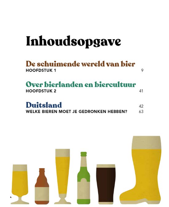 Inhoudsopgave: De schuimende wereld van bier, Over bierlanden en biercultuur, Duitsland, Welke bieren moet je gedronken hebben? Met illustraties van bierglazen, een fles en een laars.