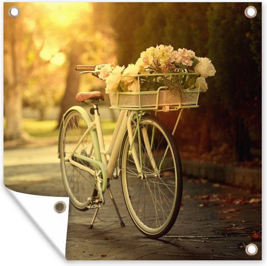 Tuinposters Bloemen in de fietsmand van de fiets - 50x50 cm - Tuindoek - Buitenposter