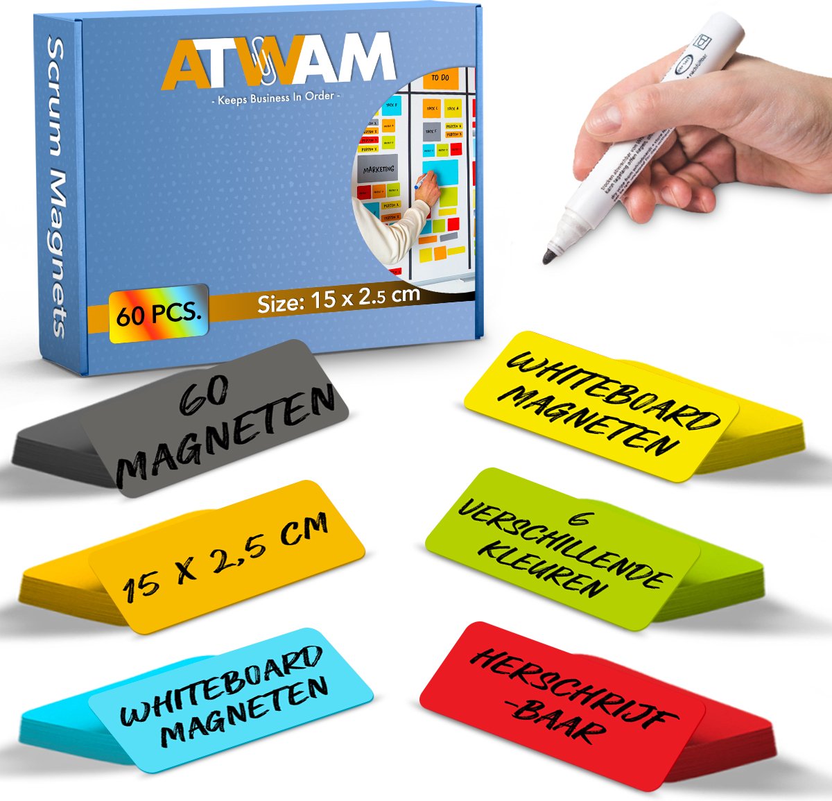 ATWAM Scrum Magneten - 60 stuks - Voor Whiteboard, Magneetbord, Memobord of Magnetisch Tekenbord – Herschrijfbare Magneten op Koelkast - Post It Notes – Kanban - 15 cm Breed x 2,5 cm Lang - 6 Kleuren - ATWAM