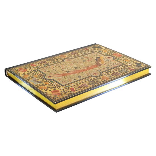 Gouden notitieboek liggend, met 'Bird of Paradise' voorzijde, bloemen en fruitmotief.