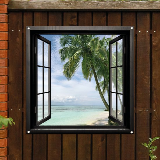 Tuinposter Doorkijk Raam nr4 - Tuindecoratie - 80 x 80 cm - Tuindoek - PosterGuru