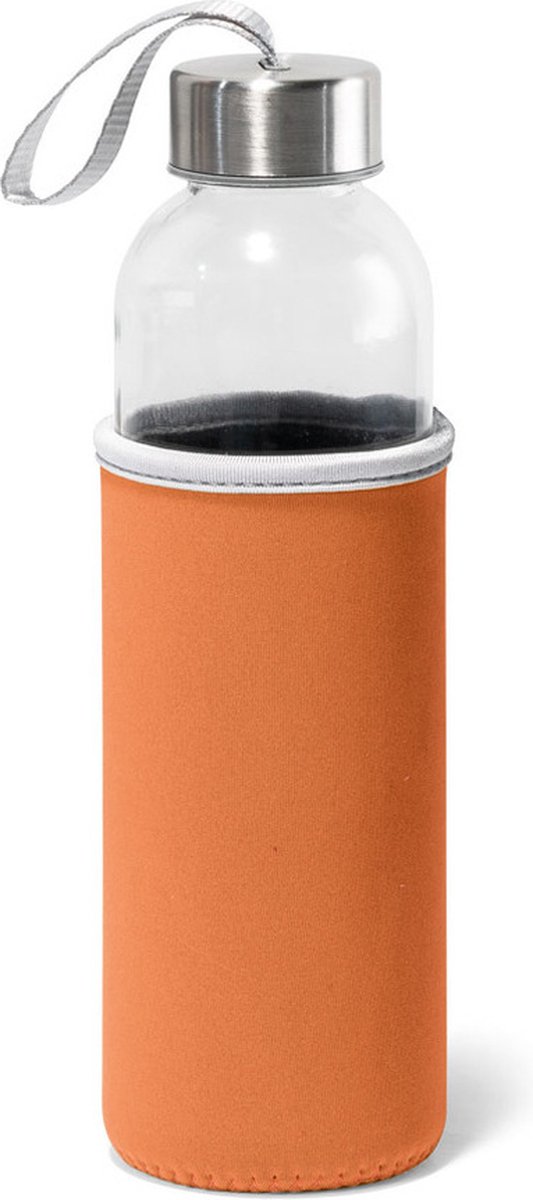 Glazen waterfles/drinkfles met oranje softshell bescherm hoes 520 ml - Sportfles - Bidon