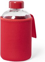 Glazen waterfles/drinkfles met rode softshell bescherm hoes 600 ml - Sportfles - Bidon