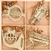 16x Houten kersthangers muziekinstrumenten ornamenten goud 6-7 cm - Kerstboomversiering kerstornamenten van hout