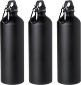 6x Stuks aluminium waterfles/drinkfles zwart met schroefdop en karabijnhaak 800 ml - Sportfles - Bidon