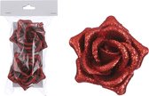 2x Rode decoratie rozen op clip 8 cm - Decoratie bloemen - Bloemen op clips - Kerstboomversiering