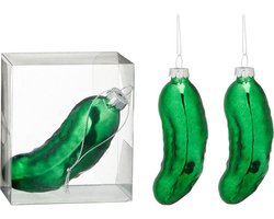 Omslag van Kersthanger augurk - 4x - groen - 11 cm - glas - kerstornament - augurken figuurtje - kerstversiering - kerstboomversiering