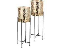 Set van 2x stuks luxe plantenpot/bloempot goud van 14 x 15 cm op een zwarte metalen standaard met een hoogte van 45 cm