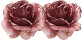 2x Oud roze decoratie bloemen rozen op clip 14 cm - Kerstversiering/woondeco/knutsel/hobby bloemetjes/roosjes
