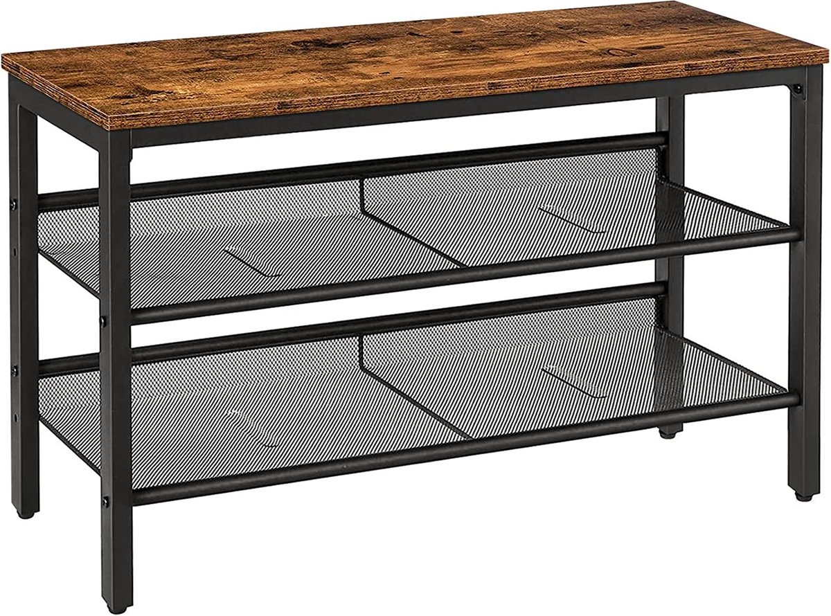 Halbank - Zinaps EBF01HX01 Schoenenrek met 2 Grid-planken, opslag voor schoenen, schoenenrek met stoel, stevige schoenenkast, ruimtebesparend, metalen frame, voor ingang, hal, donkerbruin (WK 02147)