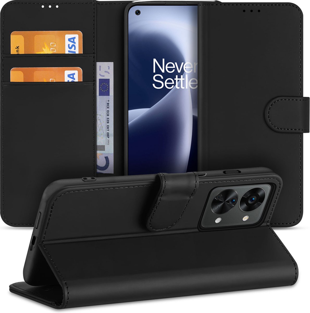 OnePlus Nord 2T 5G Bookcase Hoesje Zwart met Stand Case en Pasjeshouder