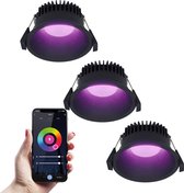 3x Finn Smart LED inbouwspot - 10 Watt - Plafondspot - RGBWW - WiFi + Bluetooth - 630 Lumen - Binnen & buiten - Verzonken spot - Amazon Alexa + Google Assist - Zwart