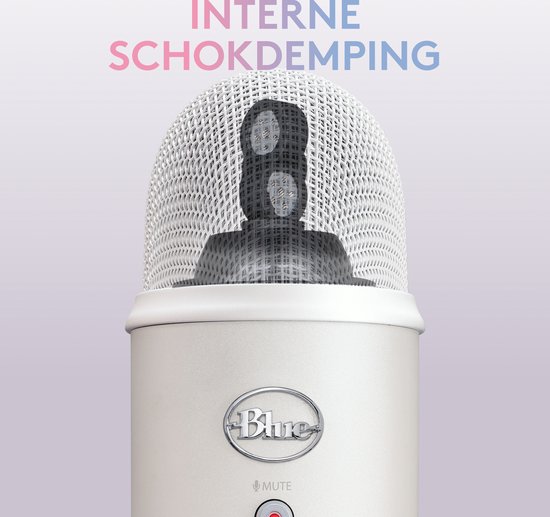 Close-up van een witte Blue Yeti microfoon. Tekst: INTERNE SCHOKDEMPING.