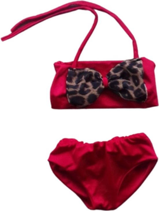 Maat 86 Bikini zwemkleding rood dierenprint badkleding voor baby en kind rode zwem kleding met panterprint strik