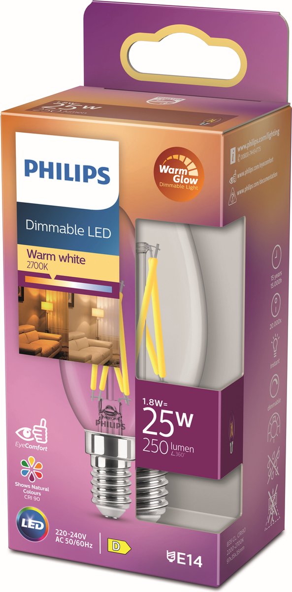 betrouwbaarheid Bezighouden karbonade Philips LED Kaars Transparant - 25 W - E14 - Dimbaar warmwit licht | bol.com