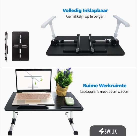 SWILIX ® Laptoptafel - Inklapbaar en Verstelbaar Bedtafel - Laptopstandaard - Schoottafel Zwart / Grijs - SWILIX