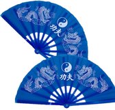 2x stuks handwaaiers/Tai Chi waaiers Yin Yang blauw - polyester - Verkoeling in de zomer