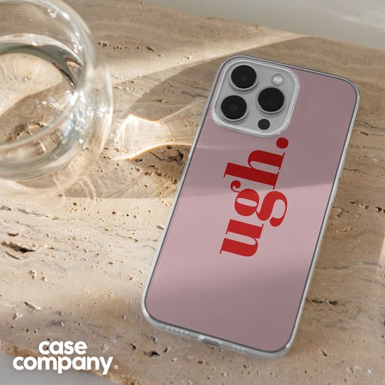 Coque de téléphone rose pâle avec texte rouge 'ugh.', sur fond beige.