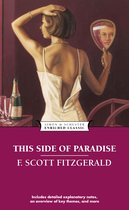 De cover van 'This Side of Paradise' van F. Scott Fitzgerald, met een illustratie van een vrouw die zich klaarmaakt, haar jurk openritsend.