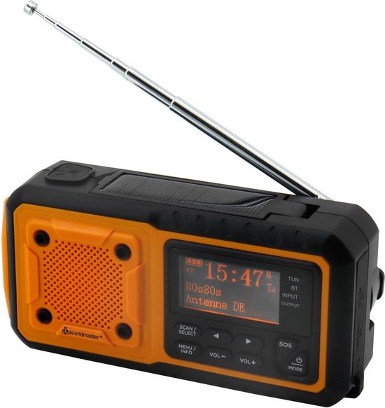 Soundmaster DAB112OR - Compacte DAB+ noodradio met ingebouwde accu, solar en LED-verlichting