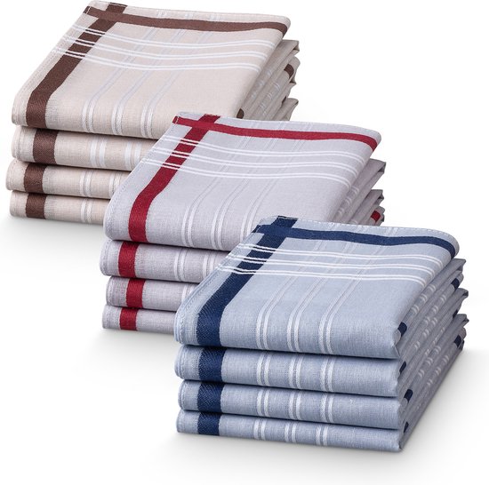 JEMIDI zakdoeken heren 100% katoen - 40 x 40 cm - Set van 12 - Herbruikbare zakdoeken voor volwassenen - In crème/blauw/grijs