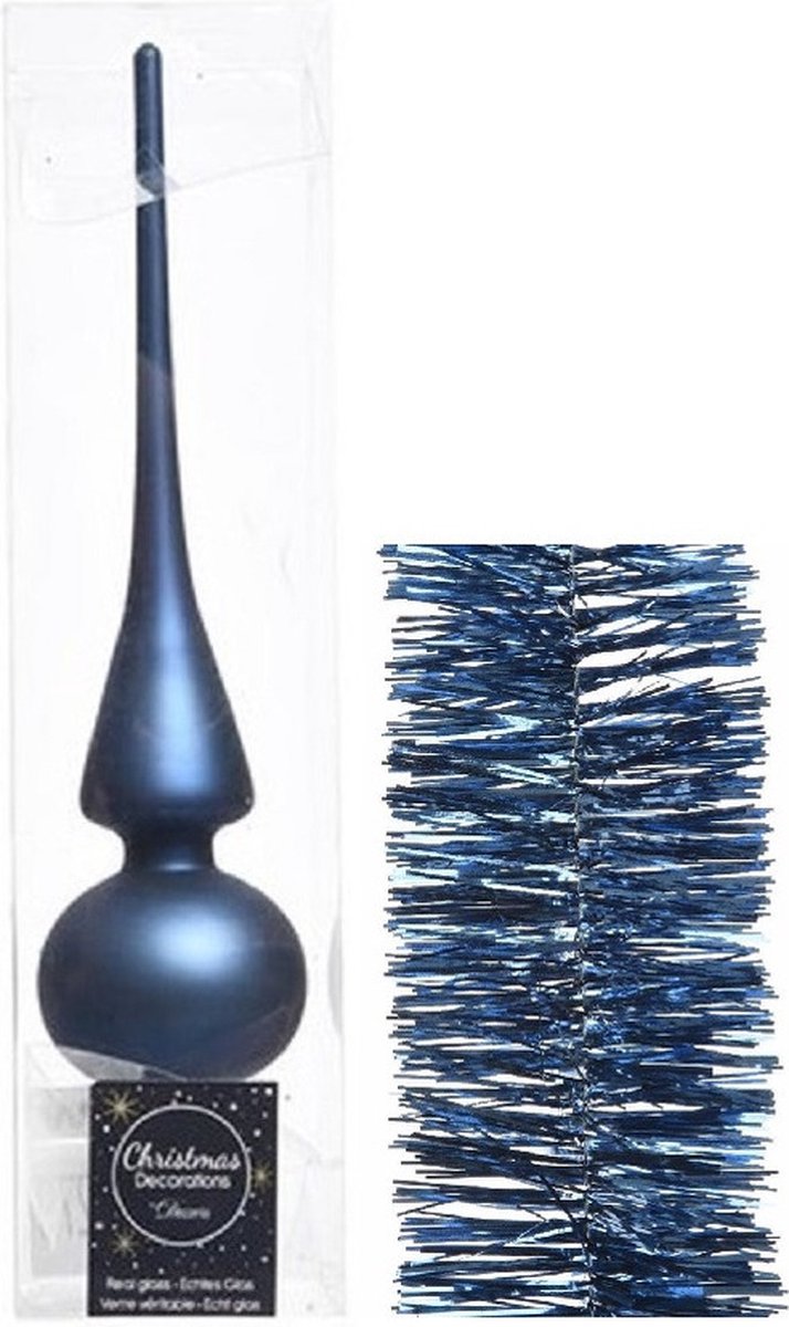 Kerstboomversiering donkerblauw glazen piek en folieslingers 3x stuks pakket.
