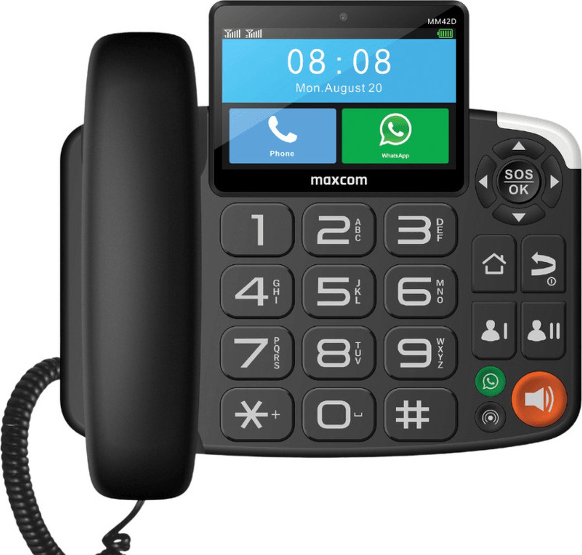 Maxcom MM42D - Vaste telefoon met simkaart, 4G, dual sim, grote knoppen, systeem Android, ingebouwde camera.