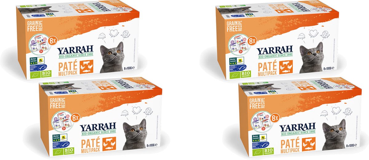 Yarrah Yarrah Bio Kat Mult-Pack Alu Kuip - Kip, Kalkoen & Rund - Kattenvoer - 4 x (8 x 100 g) NL-BIO-01