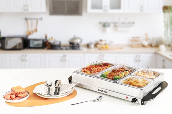Swiss Pro+ buffetwarmer - elektrisch met kookplaatfunctie, temperatuurregelaar, RVS - opwarmapparaat, voedselverwarmer, warmhoudplaat Buffet - 2 x 2.5 Liter & 2 x 1 Liter - Buffetwarmer met Warmhoudplaat - Au Bain Marie - Warmhoudplaat -SP-BUF300 — afbeelding 5