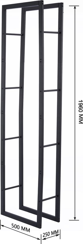Zwart metalen rek voor brandhout, 1960 mm hoog, met afmetingen 500 mm en 250 mm.