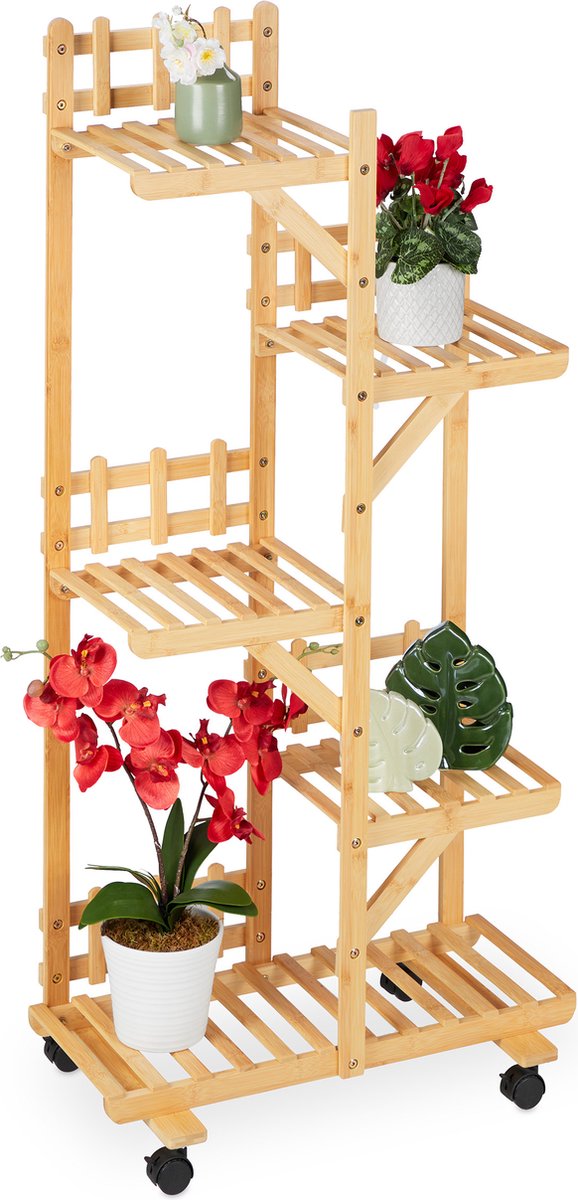 Relaxdays plantenrek, 3 etages, beweegbaar, 57 cm hoog, kruiden, hout, bloemenetagère, plantentrap, natuurlijke kleur