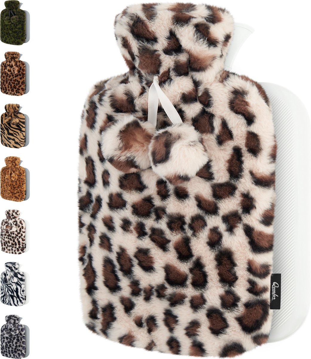 Warmwaterkruik met Hoes - Zachte Premium Pluche Hoes - 1,8 L Kruik - Warmwaterkruik voor Pijnverlichting van Rug, Nek en Schouderklachten - Ideaal Cadeau - Crème Luipaardprint