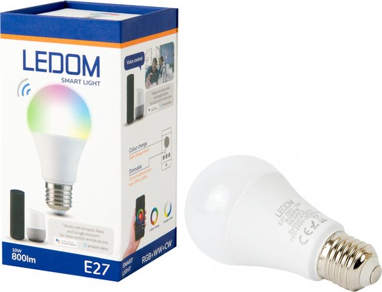 LEDOM - Ampoule LED Smart WiFi E27 - 10 watts - RGBWW - 800 lumens - Contrôle de l'application TUYA