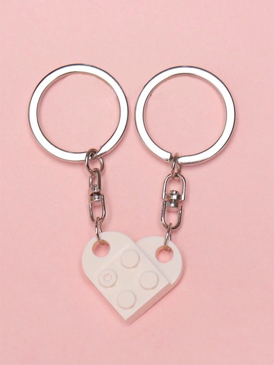 Bouwstenen sleutelhanger - Imitatie bouwsteen hart - brick keychain - Vriendschap - Geliefde - BFF - Wit - Valentijn cadeautje voor haar & hem
