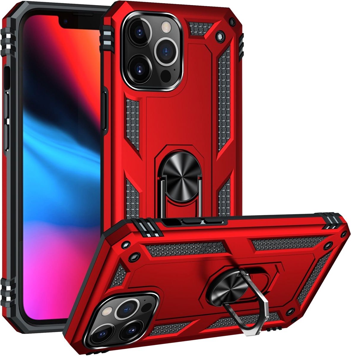 Mobigear Hoesje geschikt voor Apple iPhone 14 Pro Max Telefoonhoesje Hardcase | Mobigear Armor Ring Backcover Shockproof met Ringhouder | Schokbestendig iPhone 14 Pro Max Telefoonhoesje | Anti Shock Proof - Rood