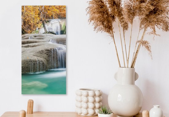 Canvas Schilderij Bos - Waterval - Water - Herfst - 20x40 cm - Wanddecoratie