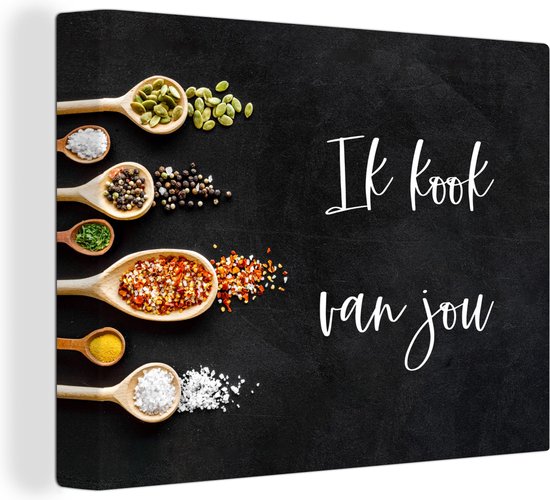 Canvas Schilderij Ik kook van jou Partner Quotes Spreuken Kruiden