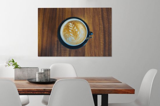 Canvas Schilderij Koffie - Tafel - Hout - 60x40 cm - Wanddecoratie