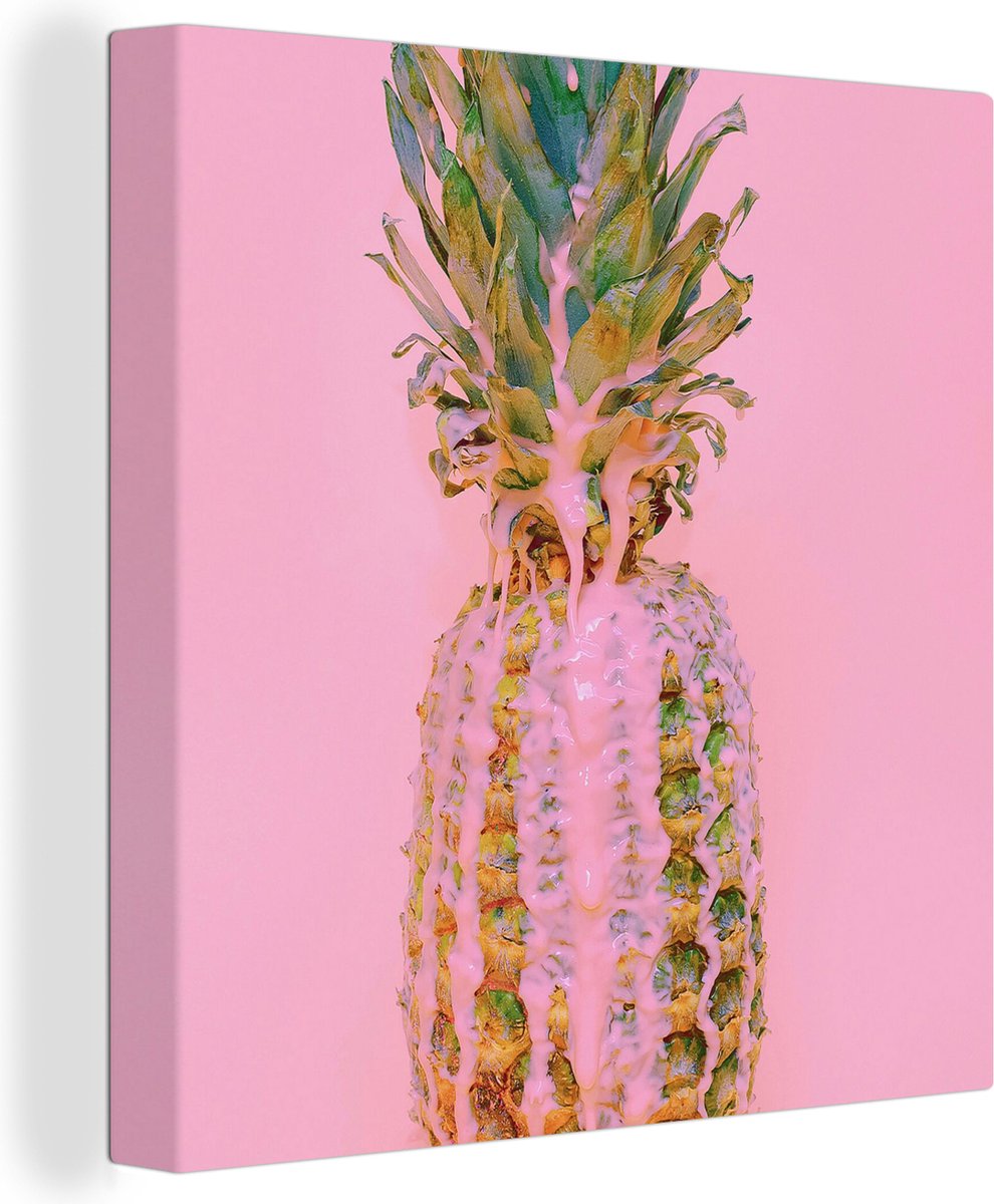 Canvas Schilderij Verf - Ananas - Roze - Zomer - 90x90 cm - Wanddecoratie