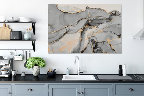 Toile Peinture Marbre - Goud - Grijs - 140x90 cm - Décoration murale