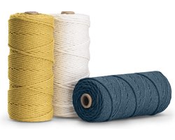 Navaris macramé garen set van 3 - Katoenen koord voor doe-het-zelfprojecten - Gemaakt van 100% natuurlijk katoen - 3 mm x 100 m - Geel/petrol/crème