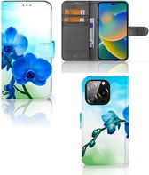 Telefoonhoesje iPhone 14 Pro Wallet Book Case met foto Orchidee Blauw Valentijn Cadeautje Vrouw